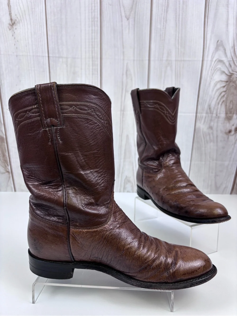 Vintage Justin Boots Smooth Quill Ostrich Leather Western Roper Cowboy Brown 9B - Picture 2 of 14